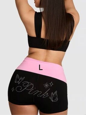 VS PINK BUTTERFLY BLING LOGO PURE BLACK COTTON FOLDOVER BIKE SHORTS SIZE LARGE